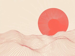 日出山峦极简线条插画