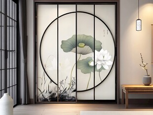 中式屏风上的清雅荷花图