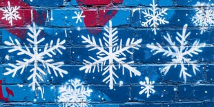 蓝色砖墙上的白色雪花图案