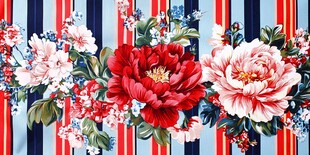 条纹背景上的绚丽花卉图案