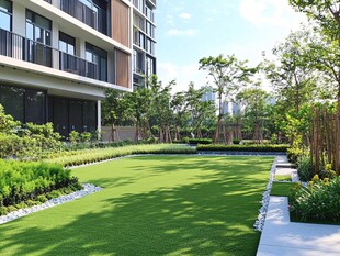 现代住宅旁的绿意庭院