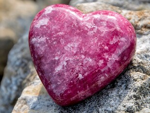 心形红宝石置于岩石上