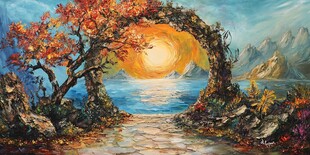 秋日拱门间的梦幻日落美景