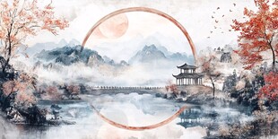 水墨秋景山水亭阁美如画