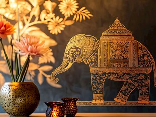 金色大象装饰与花卉摆件