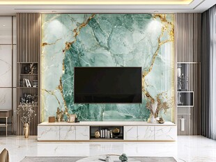 奢华绿金大理石电视背景墙
