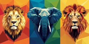 三兽头像 狮象几何风插画