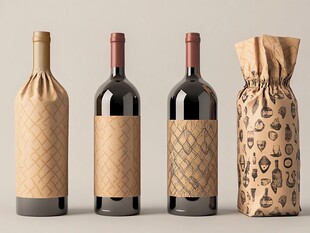复古风酒瓶与酒袋包装展示