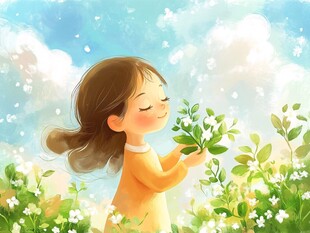 女孩闻花享美好春日时光