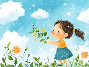 小女孩闻花香的美好瞬间