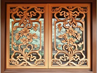 中式雕花双扇木窗