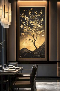 中式客厅中的金色艺术挂画