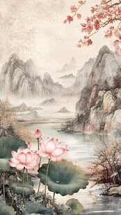 水墨山水间的粉嫩荷花