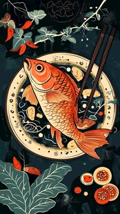 中式盘中锦鲤美食插画