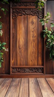 中式木雕木门与绿植景致