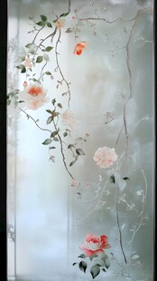 中式手绘花卉窗景图