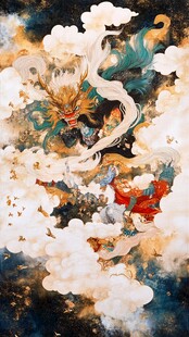 水墨风格云中威严神兽图