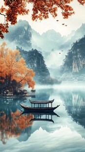 秋日山水间的静谧小船