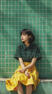 绿墙下的时尚短发女生