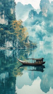 江上孤舟映山水诗意景