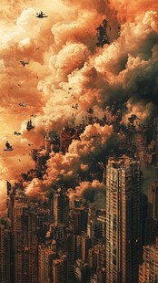 奇幻都市云端上的飞行景象