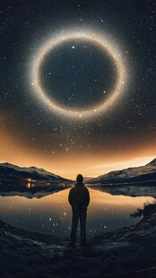 人立湖畔观宇宙神秘光环
