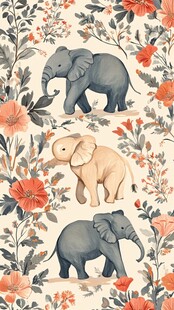 大象花卉图案的可爱插画