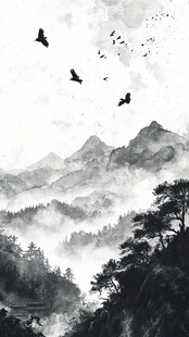 水墨山水间飞鸟翱翔