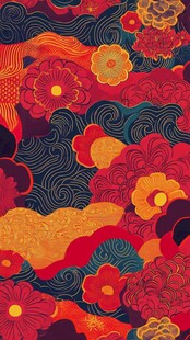 中式传统花卉海浪纹样图案