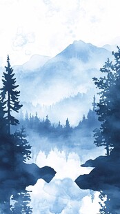 梦幻蓝调山水森林湖景图