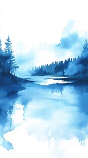 蓝调水彩风静谧湖畔风景