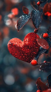 心形红叶上的晶莹水珠