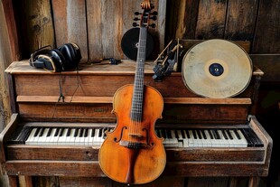 复古乐器组合展示于旧钢琴上