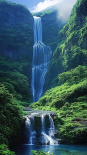 青山间的梦幻瀑布景观