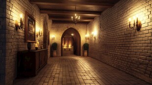 复古温馨的砖砌走廊夜景