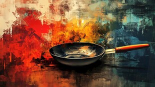 多彩背景前的煎锅