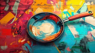 多彩涂鸦背景中的平底锅