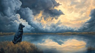 湖畔孤犬望天际风云变幻