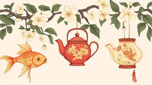 中式花鸟茶壶金鱼装饰图