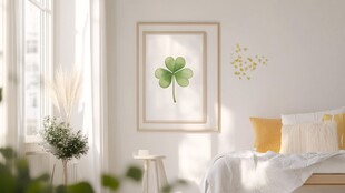 简约卧室中的幸运四叶草挂画