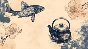 水墨金鱼茶壶花卉图