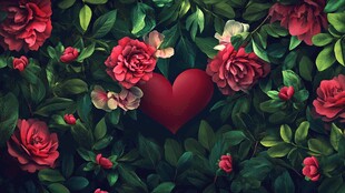 爱心绽放在繁花绿叶间