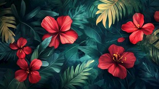 热带红槿花卉绿叶背景图