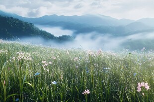 山间花海晨雾美景如画