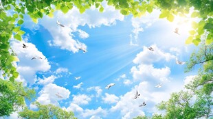 蓝天白云飞鸟绿意盎然图