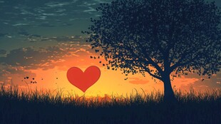 夕阳下树旁的浪漫爱心