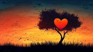 黄昏下爱心树的浪漫景象
