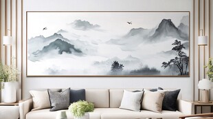 中式客厅中的水墨山水挂画