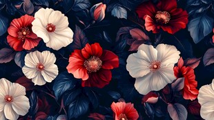 花卉图案 红白花朵与深蓝背景