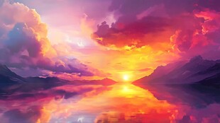 梦幻绚烂的日落山水景致